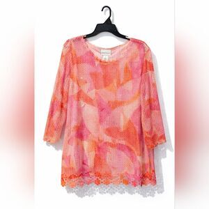 Alfred Dunner Sheer Lace Overlay Blouse XL Pink Orange Floral Crochet Resortwear